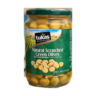 TUKAS SCRATCHED GREEN OLIVES 400 GR